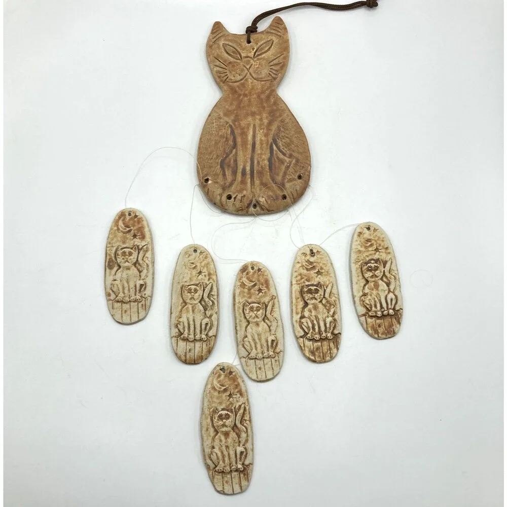 Handmade Art Pottery Cat Kitten Moon Wind Chime Wall Hanging Folk Art Stamped